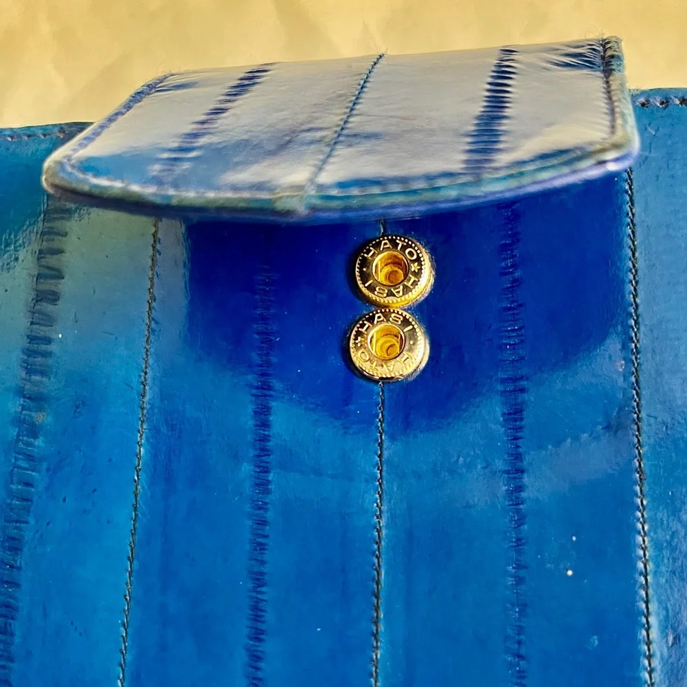 Rare Royal Blue Eel Leather Gold Accents Clutch Wallet